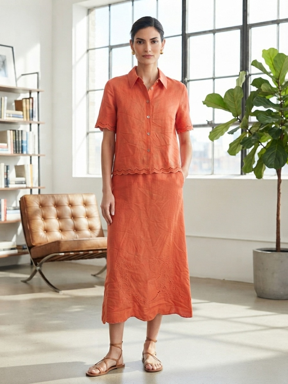 Studio I Orange Linen Eyelet Midi Skirt Set